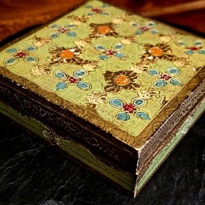 Vintage Italian Florentine Trinket Box Decorative Gold &Sage Green Storage Box